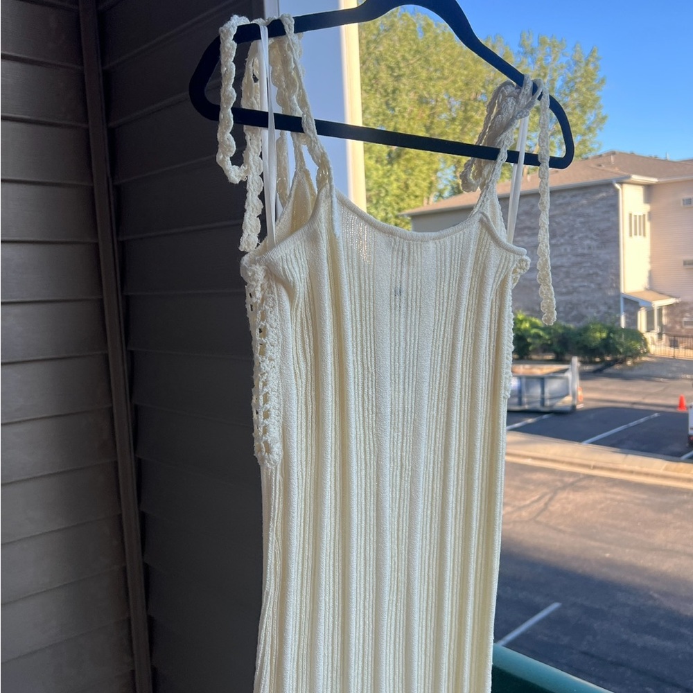 🆕 Line & Dot Cream Crochet Knit Maxi Dress Small Boho Beach Resort Cover Up - Picture 7 of 16